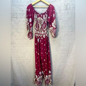 Jaase Anthropologie Boho Off The Shoulder Golden Temple Maroon Jumpsuit Sz Med